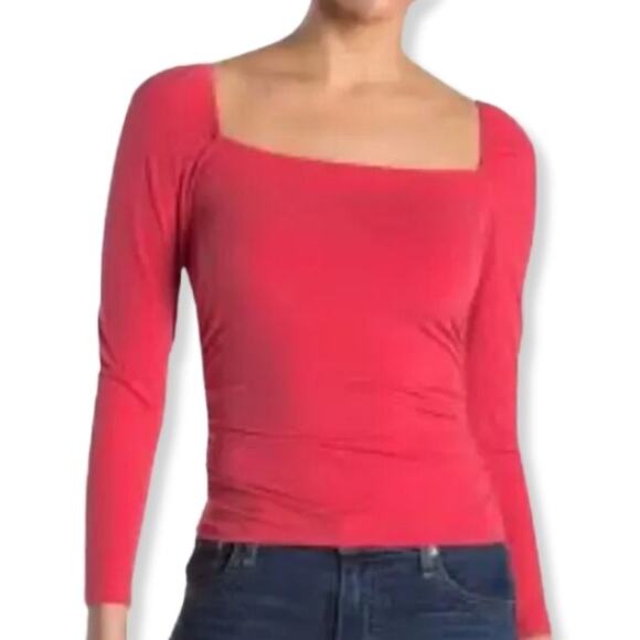 Abound Top Full Sleeve Stretchable Ruched Details Square Neckline Red W M NWOT - Picture 1 of 9
